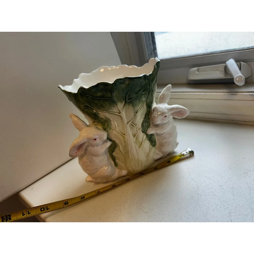 Vintage Ceramic Rabbit Cabbage Leaf Planter Easter Bunny White Green 7432